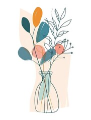 A minimalist illustration of flowers in a vase with abstract shapes in soft colors.