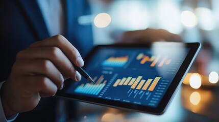 The businessman carefully reviews sales data and financial reports on his tablet, monitoring growth chart trends