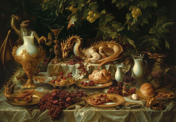 Obraz premium there is a painting of a table with a bunch of food on it