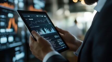 The businessman scrutinizes sales data and financial reports on his tablet, evaluating growth chart analysis