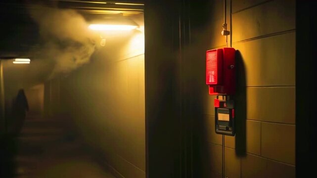 A red fire alarm box mounted on a wall in a dimly lit hallway.