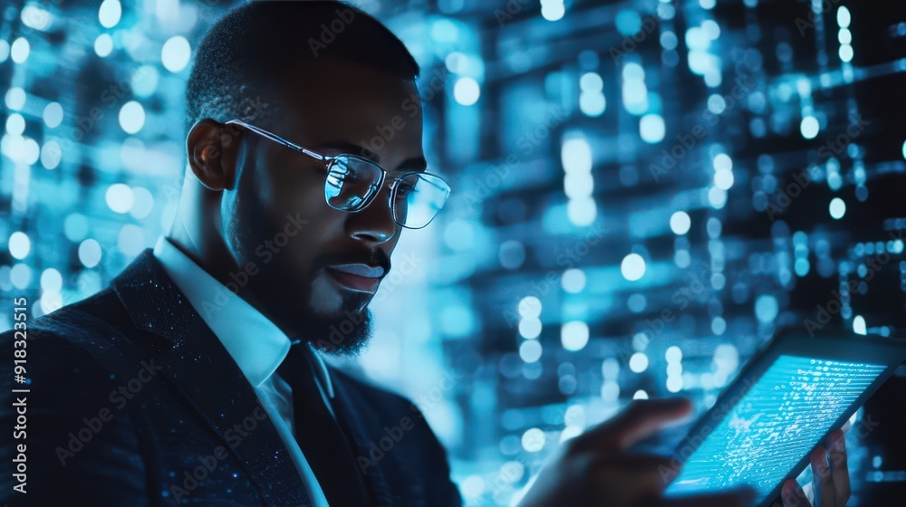 Poster the businessman utilizes blockchain technology and data encryption on a digital tablet, incorporatin