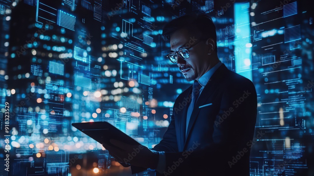 Poster the businessman utilizes blockchain technology and data encryption on a digital tablet, incorporatin