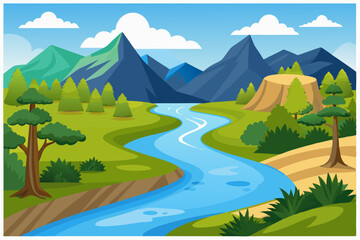 Serene River Winding Through Lush Green Valley with Majestic Mountains in the Background