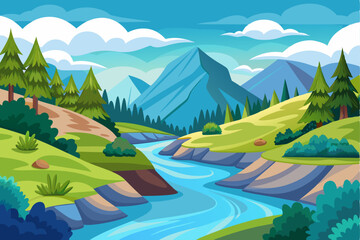 Mountain River Valley Landscape with Lush Greenery and Blue Sky