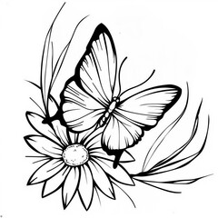 Fototapeta premium a black and white drawing of a butterfly on a flower