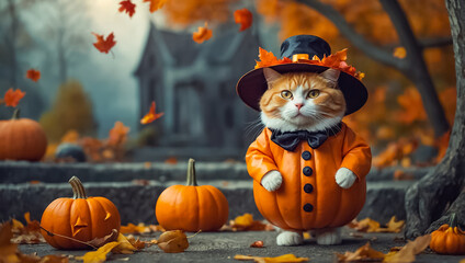 Naklejka premium Cute cat, autumn, pumpkin in nature
