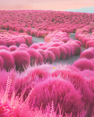 there are many pink bushes in the field of pink flowers