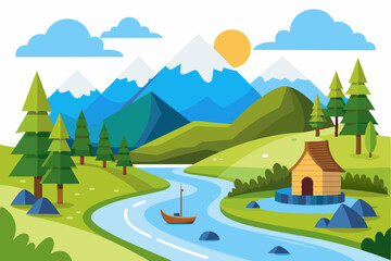 Serene Mountain Landscape with River, Cabin, and Boat