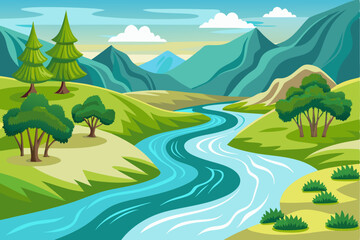 Obraz premium Winding River Through Lush Green Valley with Mountains in Background