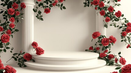 Elegant white podium with roses. Romantic floral arrangement with red roses adorning a white column setting. Perfect for presentations or events.