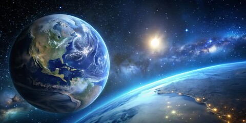 Earth's Embrace A Starry Night View of the Americas, Digital Painting, Earth, Stars, Galaxy, Space