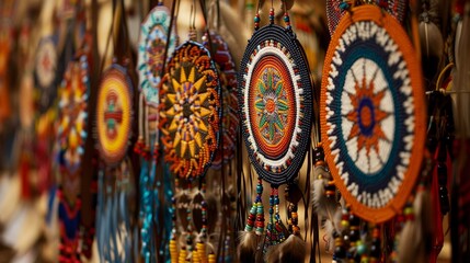 Colorful handmade dreamcatchers displayed at a market during the sunset