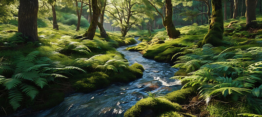 A Tranquil Woodland by a Bubbling Stream Bathed in Golden Glow

