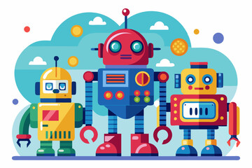 Three Cartoon Robots with Colorful Bodies and Arms