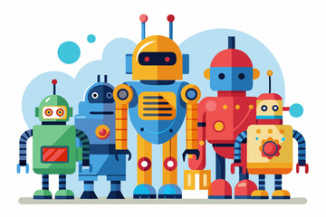 Naklejka premium A Group of Five Colorful Robots Standing Together