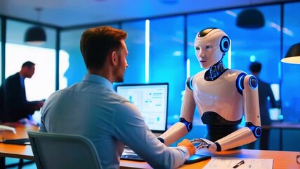 A businessman working with a robot at his desk in a modern office. - Powered by Adobe