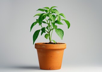 A young green plant growing in a terracotta pot against a neutral background.