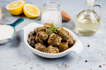 Dolma - stuffed grape leaves with rice and meat.