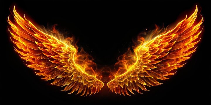 Fiery Wings of Passion A Digital Painting of Blazing Feathers on Black Background, digital art, fire wings, fantasy art, mythical creature
