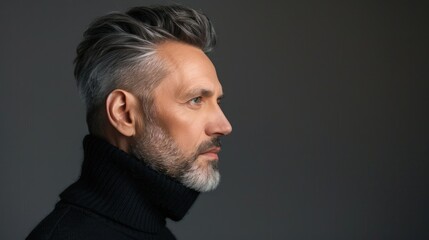 Obraz premium Middle-aged model with a sleek, modern haircut, engaging in a professional photo session.