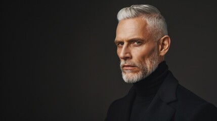 Obraz premium Middle-aged model with a sleek, modern haircut, engaging in a professional photo session.