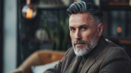 Fototapeta premium Middle-aged model with a well-groomed haircut, posing in a relaxed, elegant setting.