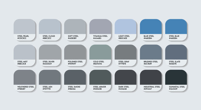 Steel Gray Color Palette, Steel Gray Color Guide Palette with Color Names. Catalog Samples of Metal colors with RGB HEX codes. cladding sheet ash colors, Fashion Trend Steel Gray Color shade Palette