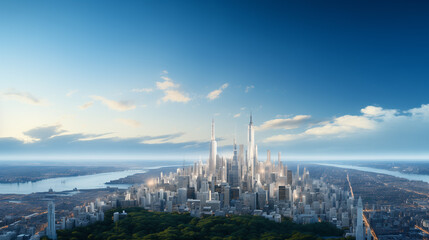 Obraz premium arafficial city skyline with skyscrapers and a lake in the foreground