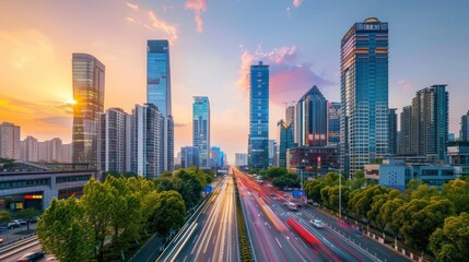 Fototapeta premium Modern Asian cityscape with skyscrapers and busy streets