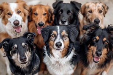 Portrait of a diverse group of six friendly dogs looking at the camera