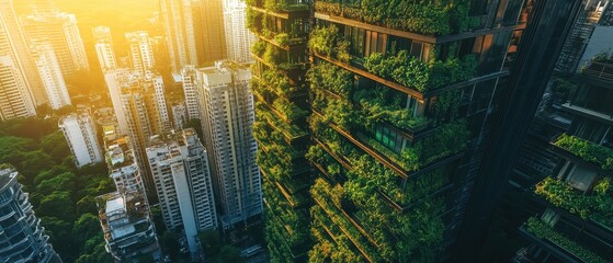 Vertical farming skyscrapers in an urban setting, representing sustainable agriculture