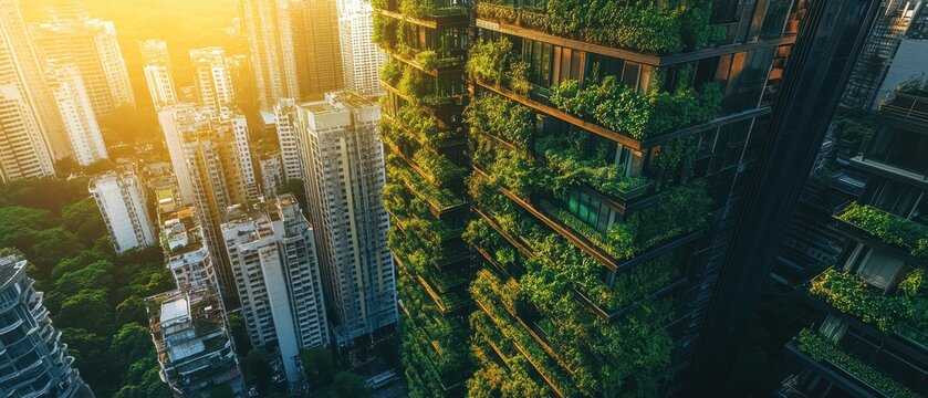 Vertical farming skyscrapers in an urban setting, representing sustainable agriculture