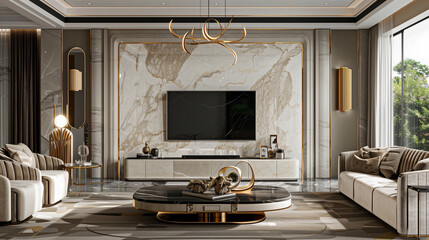 there is a living room with a marble wall and a large tv