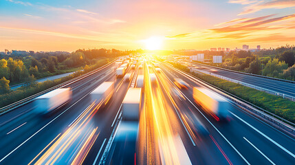 Obraz premium A vibrant sunset casts a golden glow over a busy highway filled with trucks and vehicles moving swiftly along the road.