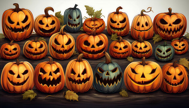  Jack-o'-Lantern Variety Illustration- A collection of various jack-o'-lanterns, each with a_1(204)