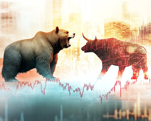 A bear victorious over a bull, both standing on a sharply declining stock market graph, with an abstract business backdrop that suggests the collapse of financial markets