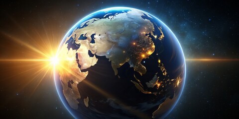 Golden Sunrise over Asia, 3D Render, Earth, Night Lights, Space, earth, night