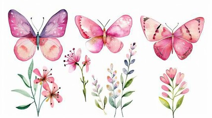 Fototapeta premium Pink Butterflies Vector Clipart Set Featuring Wildflowers and Herbs for Party Invitations, Birthday Celebrations, and Wedding Designs