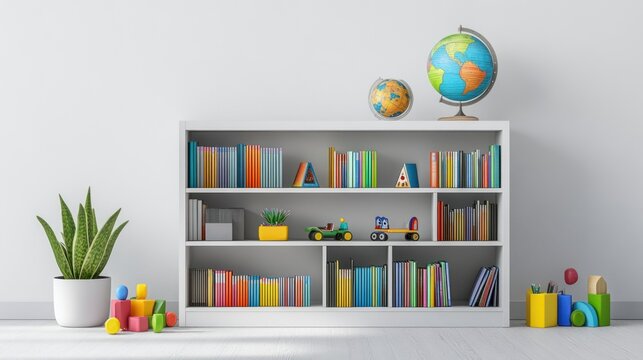 a sleek white bookshelf filled with colorful children's books, a modern globe, geometric educational toys, and small potted succulents
