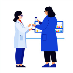 Obraz premium Two female scientists discussing a laboratory experiment with test tubes and equipment in a modern lab setting.