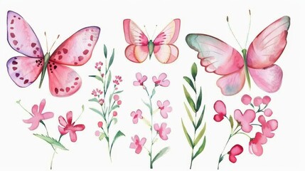 Pink Butterflies Vector Clipart Set Featuring Wildflowers and Herbs for Party Invitations, Birthday Celebrations, and Wedding Designs