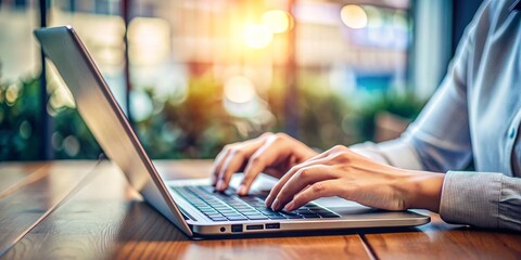 Hands Typing on Laptop, Close-Up, Blurred Background, Wooden Table, Digital Work, productivity, technology