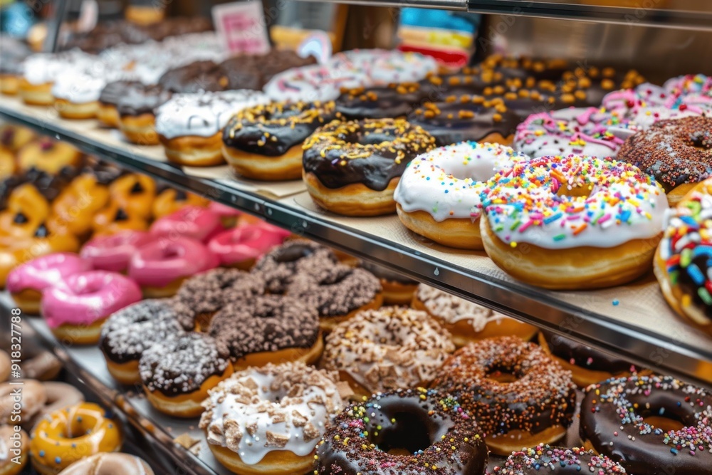 Sticker Colorful selection of frosted doughnuts with various toppings in a bakery case