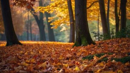 Close-up of fallen leaves in an autumn forest.