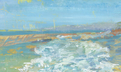 Abstract expression sea landscape background with blue and pink. Watercolors on paper texture