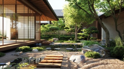 Traditional Japanese architecture with a serene garden 