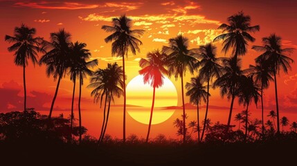 Tropical palm trees silhouetted against a sunset in an illustration 