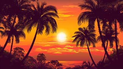 Obraz premium Tropical palm trees silhouetted against a sunset in an illustration