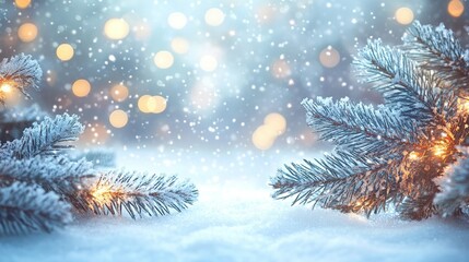 Snow-Covered Pine Branches with Festive Lights